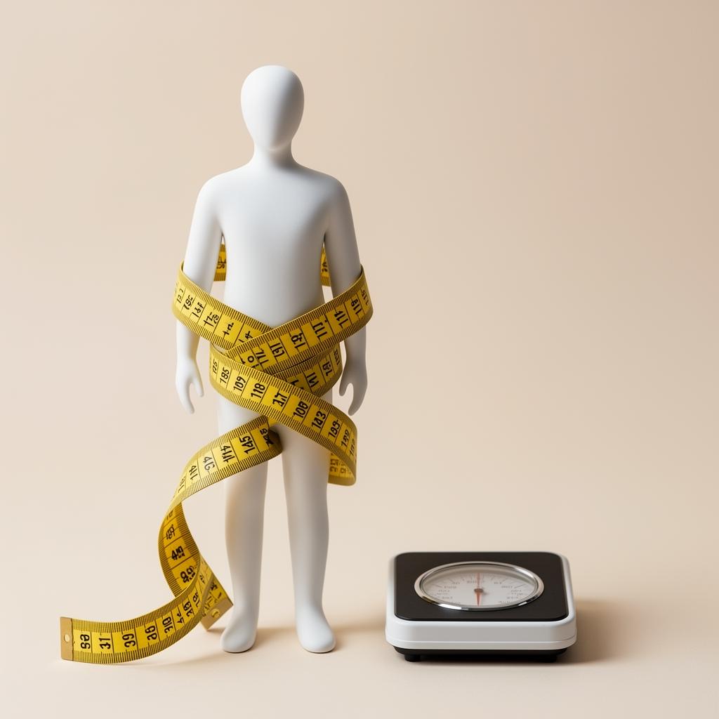 Measuring tape wrapped around a neutral human figure next to a bathroom scale, illustrating body measurement.
