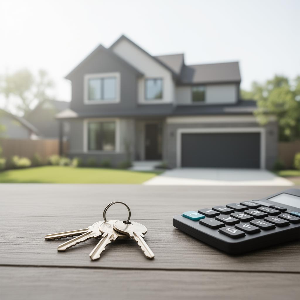 House keys and a calculator on a wooden surface with a modern home in the background, illustrating mortgage planning.