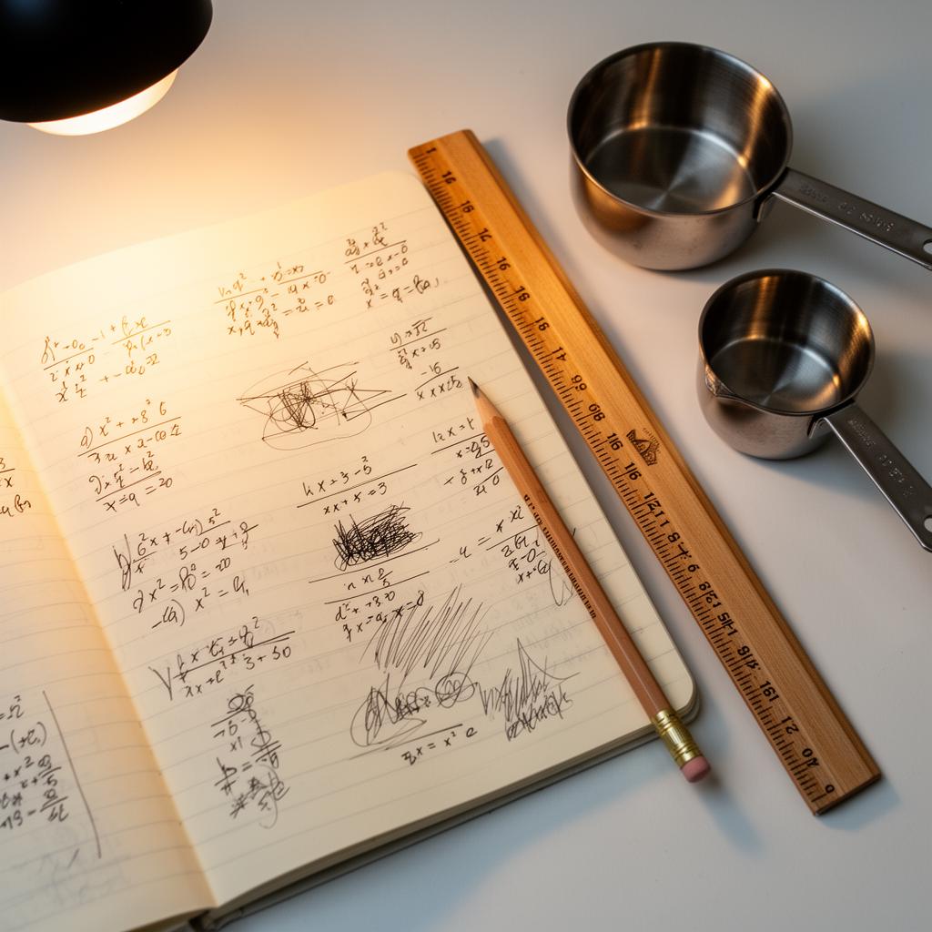Open notebook with math notes beside a wooden ruler, pencil, and measuring cups, illustrating proportional reasoning.